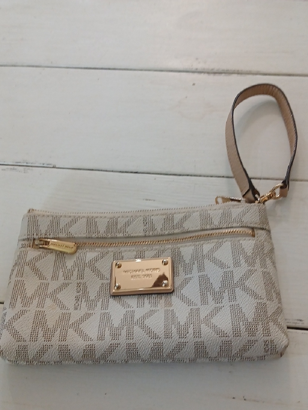 Michael Kors Signature Logo Wristlet in Light Beige with Gold Hardware